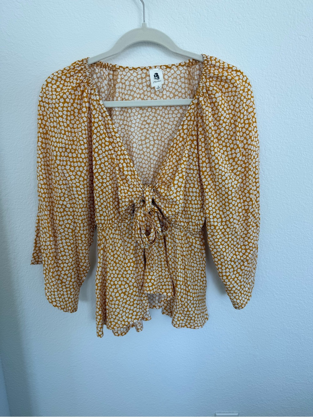 Tie-Front Floral Blouse in Mustard - Women Tops